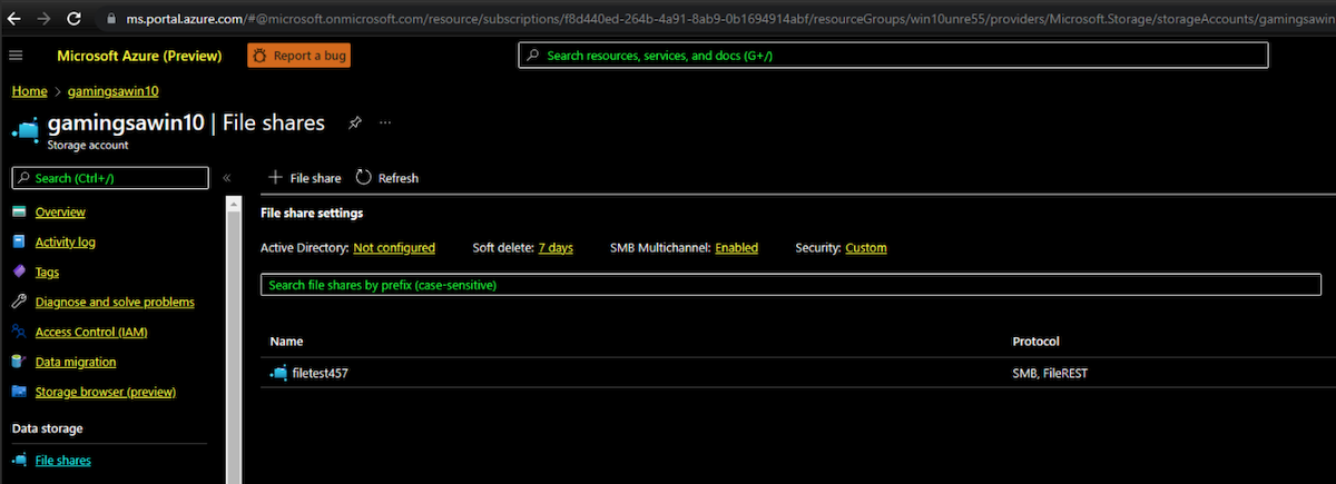 Screenshot showing an Azure file share