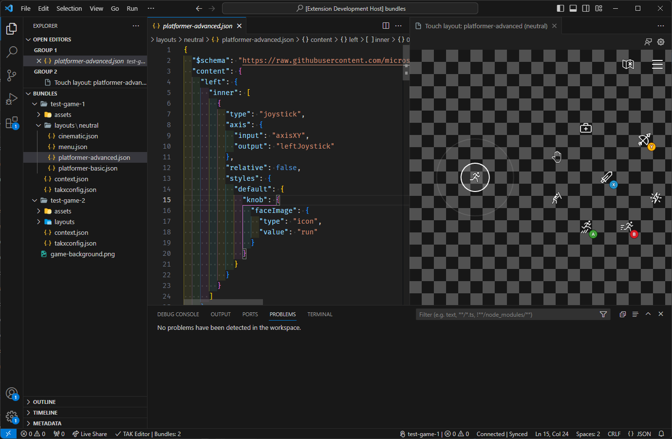 Visual Studio Code용 터치 적응 키트 편집기 확장의 스크린샷