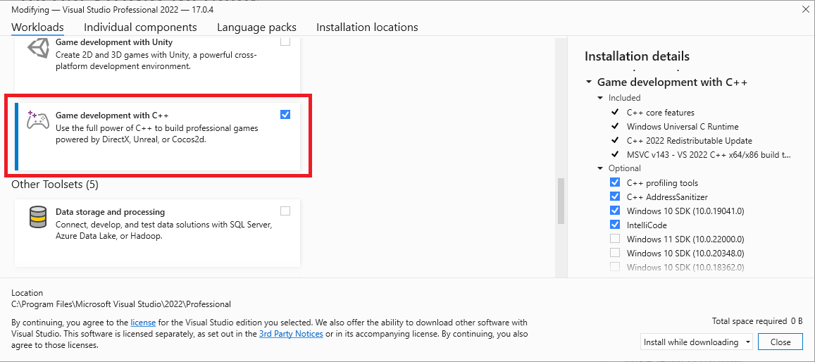 Visual Studio 2022로 C++ 워크로드를 사용하여 게임 개발 설치