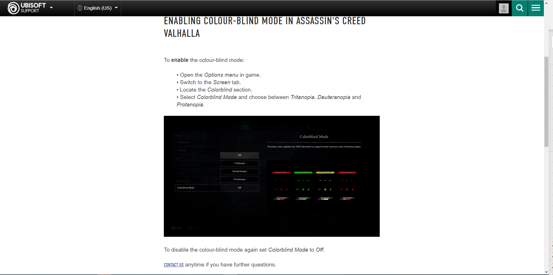 Ubisoft 웹 사이트의 Assassin's Creed Valhalla 색각 이상 접근성 기능에 대한 자세한 정보 스크린샷.