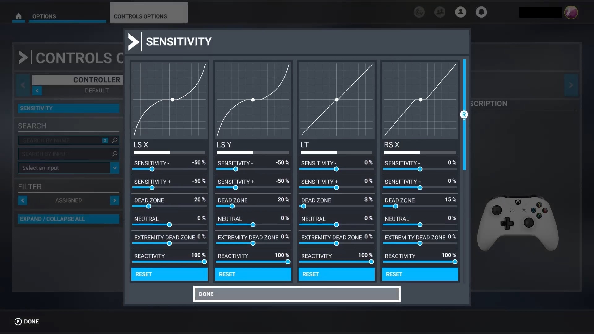 감도 섹션이 표시된 비행 시뮬레이터 제어 옵션의 스크린샷. LS X, LS Y, LT 및 RS X에 대한 정보를 표시합니다.