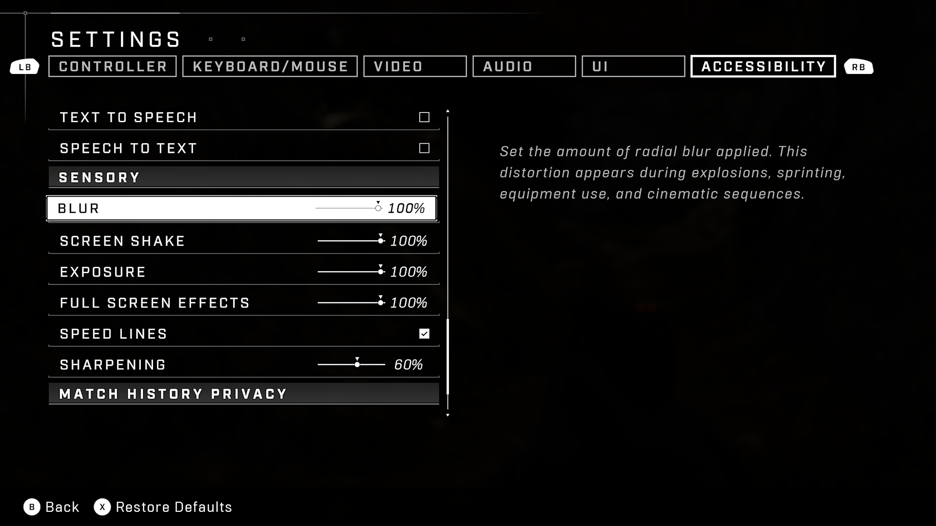 블러 설정이 강조 표시되고 100%로 설정된 설정 메뉴의 접근성 섹션에 대한 Halo Infinite 스크린샷