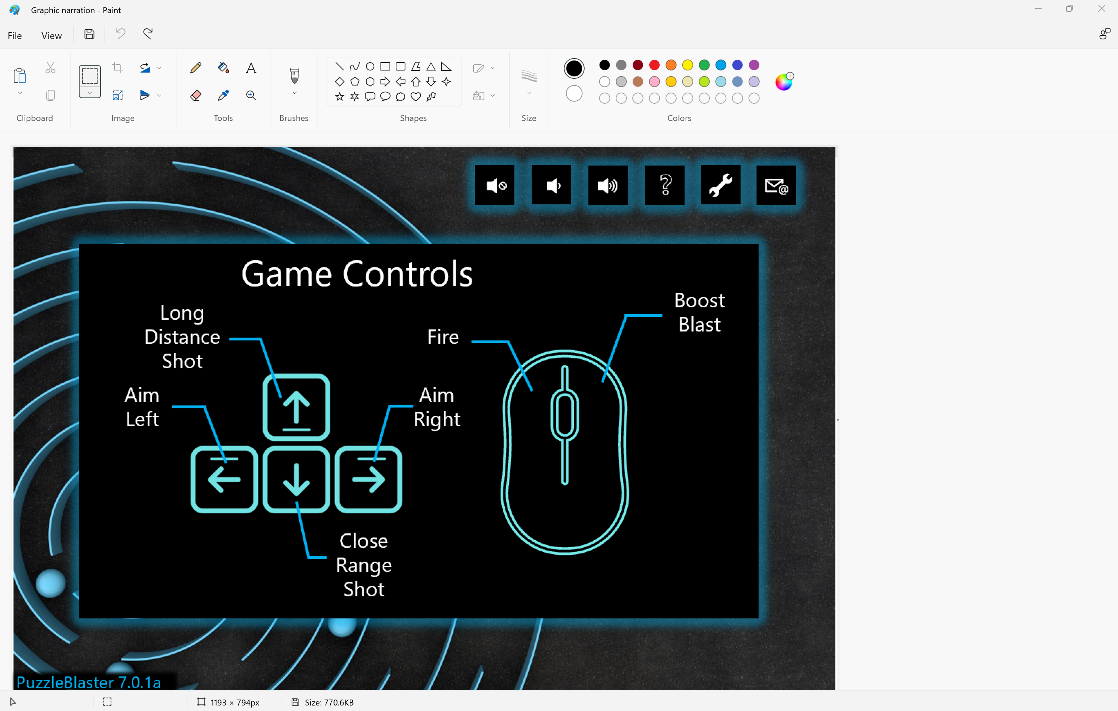 그림판 앱에 붙여넣은 퍼즐 게임의 게임 컨트롤 메뉴 UI 이미지가 있는 Windows 그림판 앱의 스크린샷. 