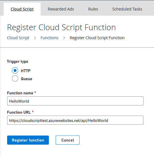 CloudScript 함수 등록