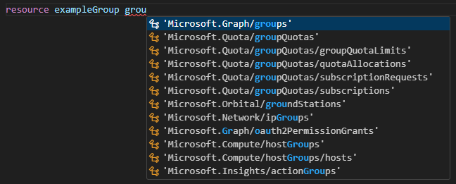 리소스 종류에 대한 Microsoft Graph 그룹을 선택하는 스크린샷