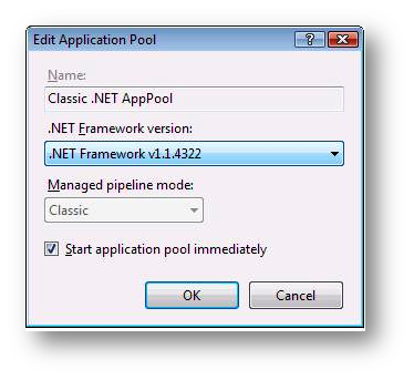 선택한 점 N E T Framework가 선택된 애플리케이션 풀 편집 대화 상자의 스크린샷.