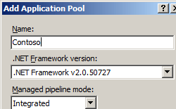 이름, dot NET Framework 버전 및 관리형 파이프라인 모드에 대한 필드가 있는 애플리케이션 풀 추가 대화 상자의 스크린샷