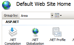 dot NET Compilation, dot NET Globalization 및 dot NET Profile 옵션을 보여 주는 기본 웹 사이트 홈 화면의 스크린샷.