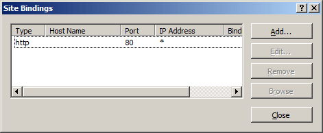 H T T P 포트 80을 표시하는 사이트 바인딩 대화 상자의 스크린샷