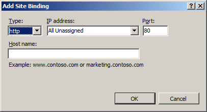 사이트 바인딩 추가 대화 상자의 스크린샷 H T T P는 형식 필드에 표시됩니다.