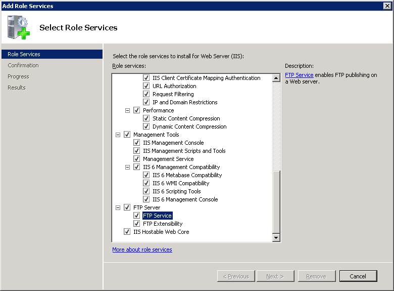 Windows Server 2008 인터페이스에서 선택한 FTP 서비스 및 FTP 확장성의 스크린샷