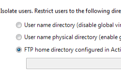 스크린샷은 Active Directory 옵션에서 구성된 F T P 홈 디렉터리가 선택된 F T P 사용자 격리 페이지를 표시합니다.