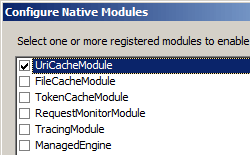 네이티브 모듈 구성 대화 상자를 보여 주는 스크린샷 UriCacheModule이 선택되었습니다.