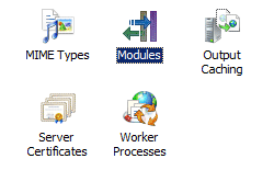 MIME 형식, 모듈, 출력 캐싱, 서버 인증서 및 작업자 프로세스라는 5개 아이콘의 스크린샷 모듈이라는 아이콘이 강조 표시됩니다.