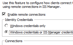 Windows 자격 증명 또는 I S 관리자 자격 증명 옵션이 선택된 관리 서비스 페이지의 스크린샷