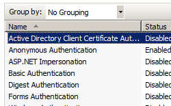 Active Directory 클라이언트 인증서 인증 옵션이 강조 표시된 인증 페이지의 작업 창 이미지