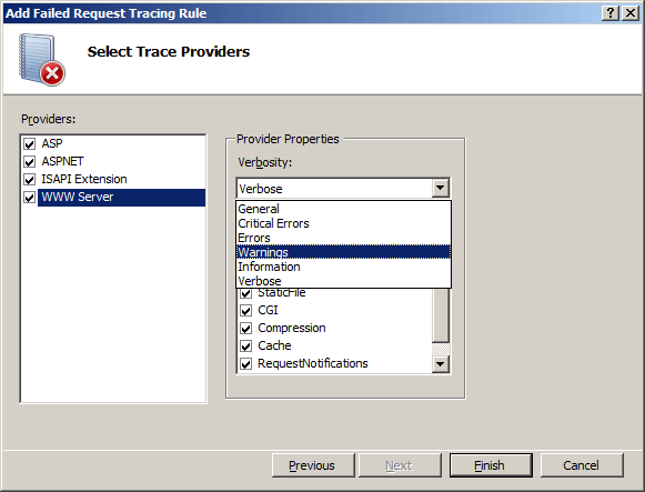 추적 공급자 선택 페이지를 표시하는 실패한 요청 추적 규칙 추가 마법사의 스크린샷 W W W 서버 및 경고가 선택됩니다.