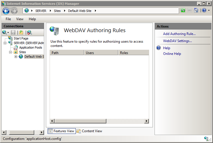 작성 규칙 추가 옵션에 포커스가 있는 WebDav Authoring Rules 화면의 작업 창 스크린샷