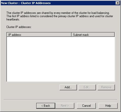 새 클러스터 클러스터 IP 주소 대화 상자의 스크린샷.