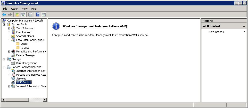 Windows Management Instrumentation Control 페이지를 표시하는 컴퓨터 관리 콘솔의 스크린샷