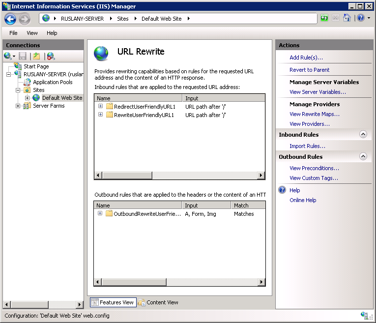 U R L 다시 쓰기 페이지를 표시하는 I S 관리자 창의 스크린샷. 인바운드 및 아웃바운드 규칙이 표시됩니다.
