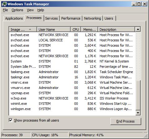 Windows 작업 관리자를 보여 주는 스크린샷 프로세스 탭이 선택되어 있습니다.