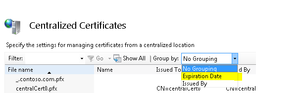 중앙 집중식 인증서 대화 상자의 스크린샷. 그룹별 드롭다운 목록에서 만료 날짜가 강조 표시됩니다.
