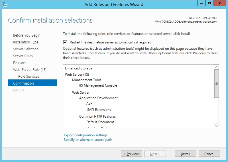 Windows Server 2012의 확인 페이지를 보여 주는 스크린샷