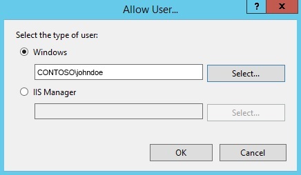 사용자 허용 대화 상자의 스크린샷. Windows가 선택되었습니다. Windows 상자에는 C O N T O S O 백슬래시 john doe 텍스트가 있습니다. O K 단추는 아래쪽에서 찾을 수 있습니다.
