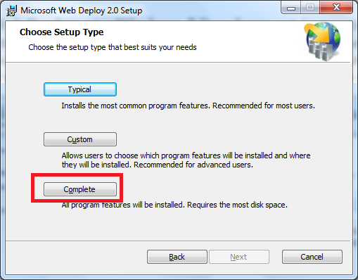 Microsoft Web Deploy 2 point 0 Setup 마법사를 보여 주는 스크린샷. 완료가 강조 표시됩니다.