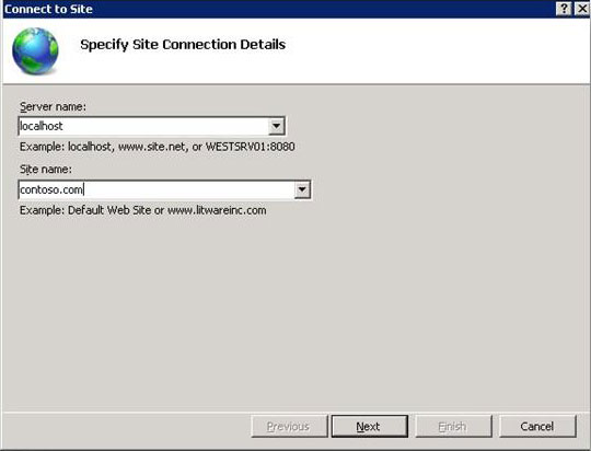 사이트 연결 마법사의 스크린샷 텍스트 서버 이름 아래에 localhost가 기록됩니다. 텍스트 사이트 이름 아래에 contoso dot com이 기록됩니다. 다음 옵션이 강조 표시됩니다.