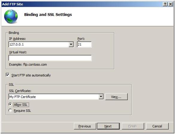 지정된 바인딩 및 SSL 설정이 있는 F T P 사이트 추가 대화 상자의 스크린샷