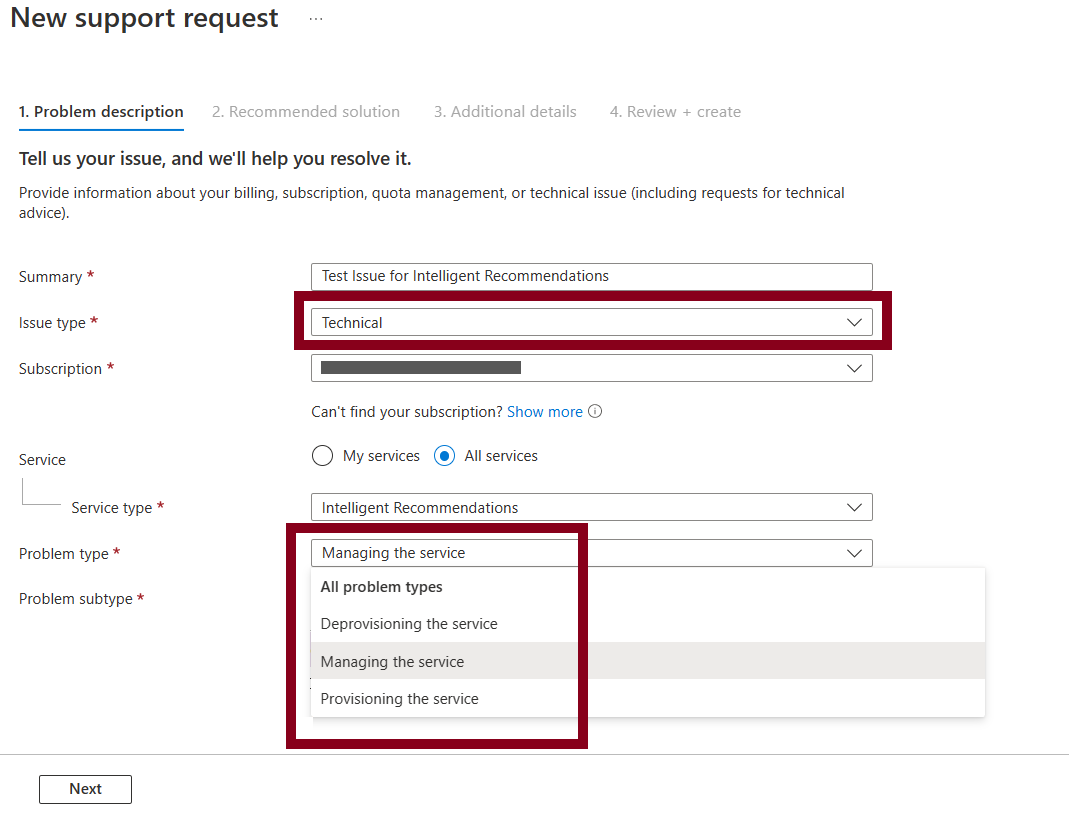 Under Issue Type, select Technical. Then select a problem type that best represents the issue you are having.