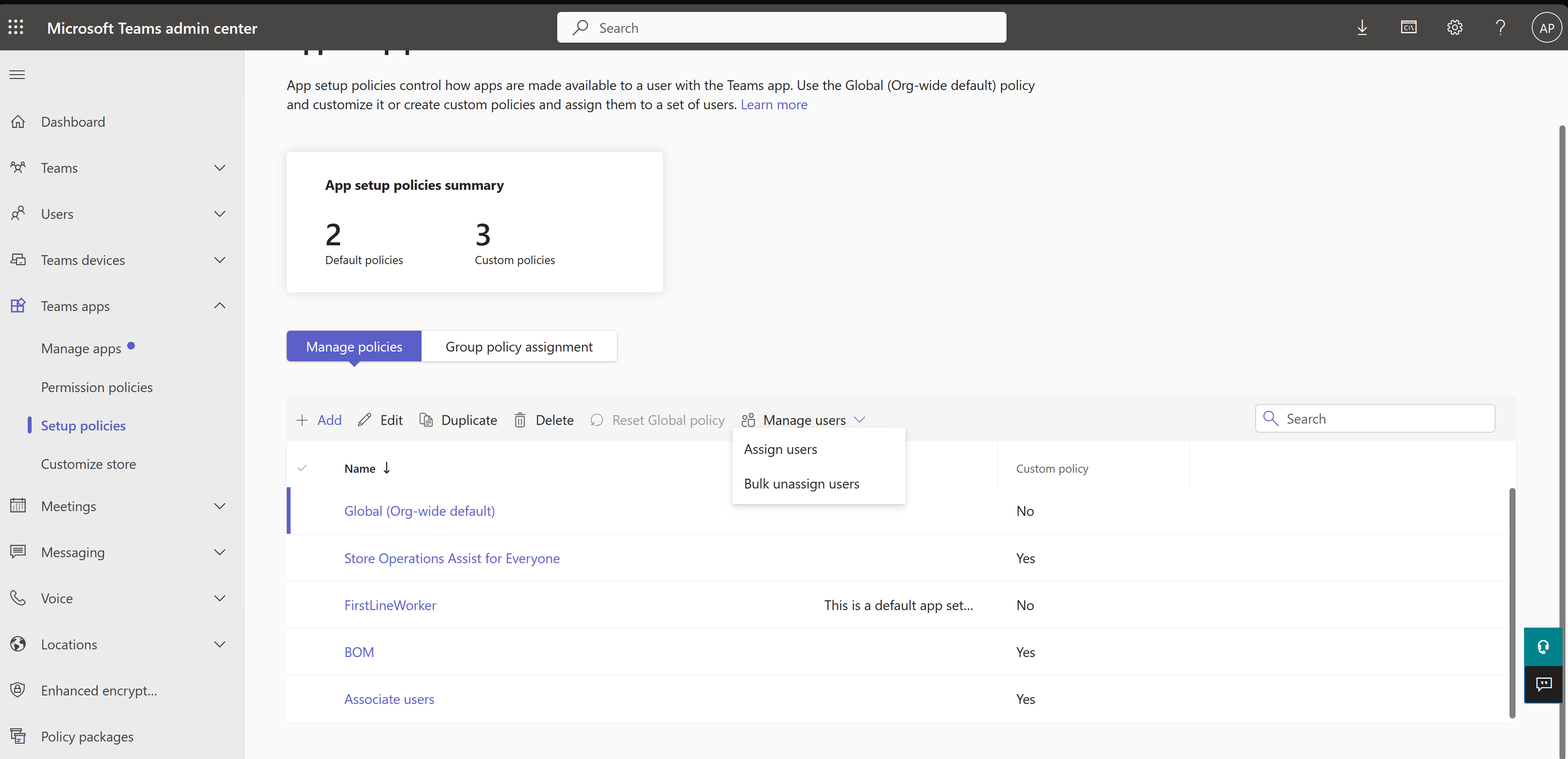 The image shows how to assign setup policy to users.