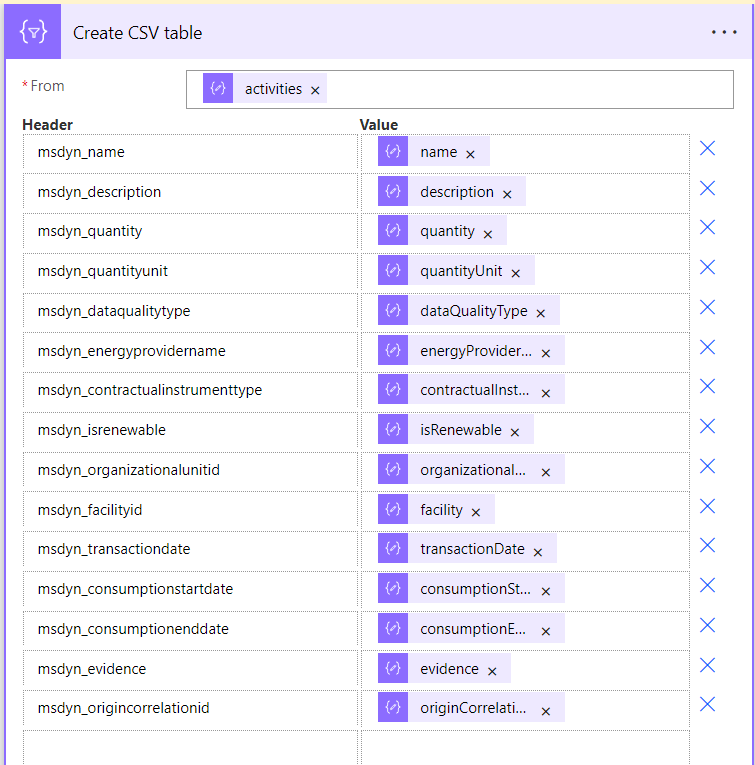 Screenshot showing a Create CSV Table action in an automated cloud flow.