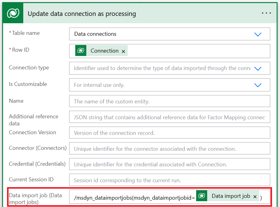 Screenshot showing how to add an action for updating the connection.