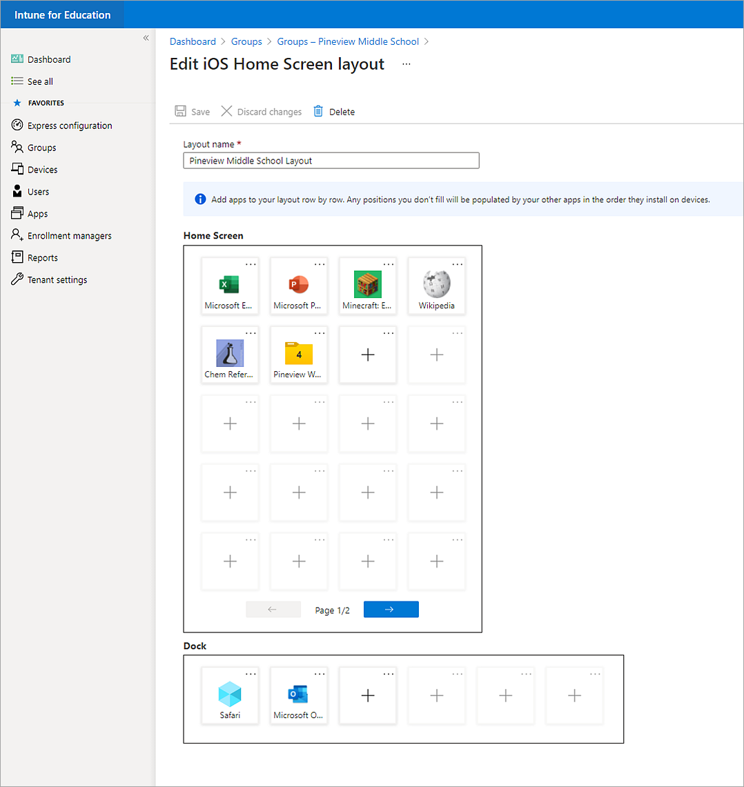 교육용 Intune iOS 홈 화면 레이아웃 편집 페이지의 스크린샷