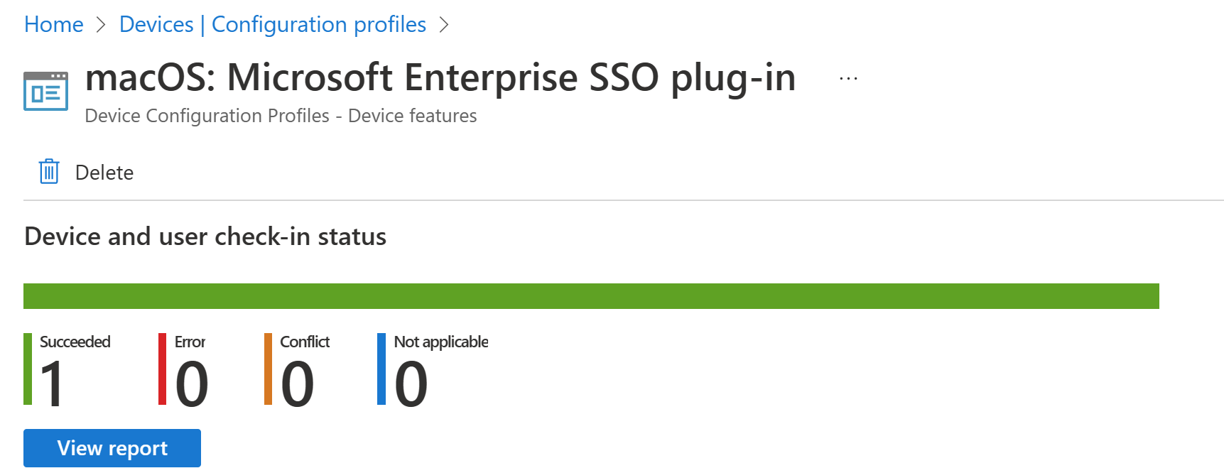 Microsoft Intune macOS 디바이스 구성 프로필 배포 보고서를 보여 주는 스크린샷