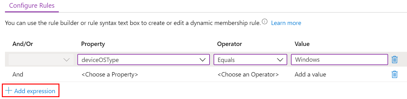 동적 쿼리를 만들고 Microsoft Intune 관리 템플릿에 식을 추가하는 방법을 보여 주는 스크린샷