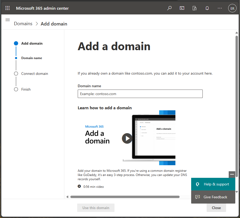 Microsoft 365 관리 센터 - 도메인 추가 스크린샷