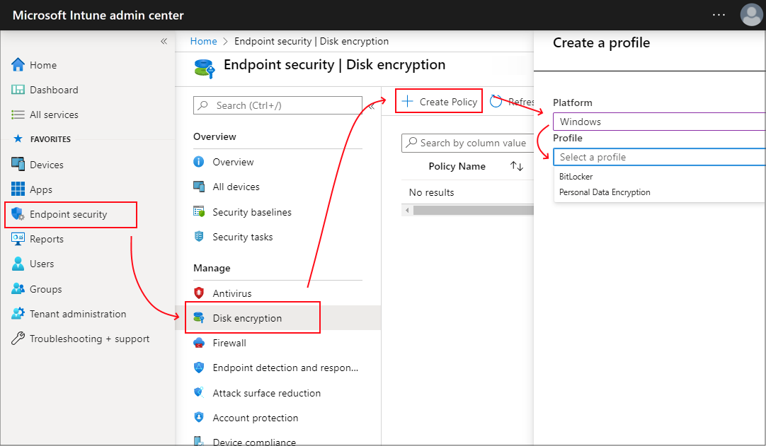 Screen capture of the Windows encryption profile selection surface.