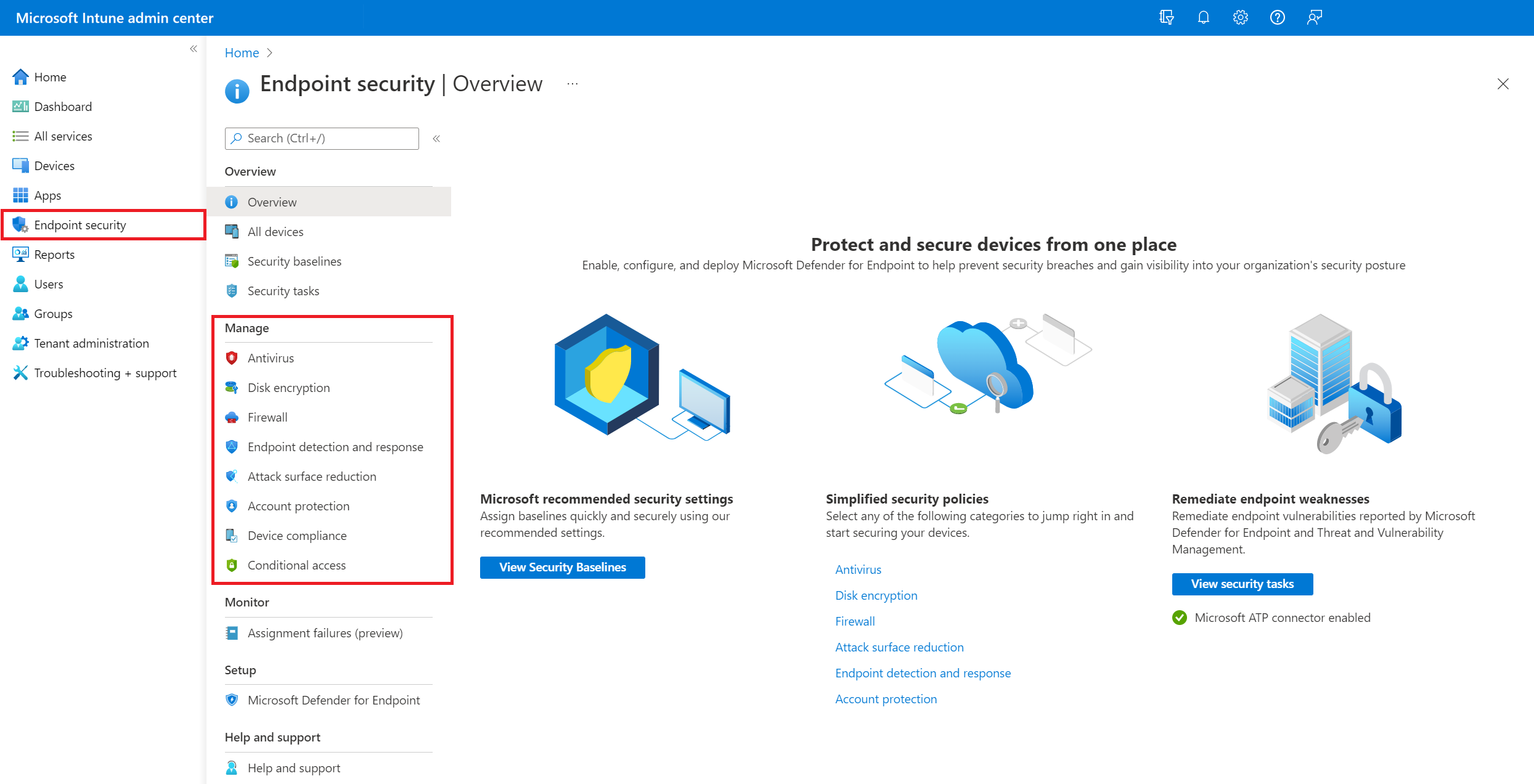 Microsoft Intune 관리 센터에서 엔드포인트 보안 정책 관리