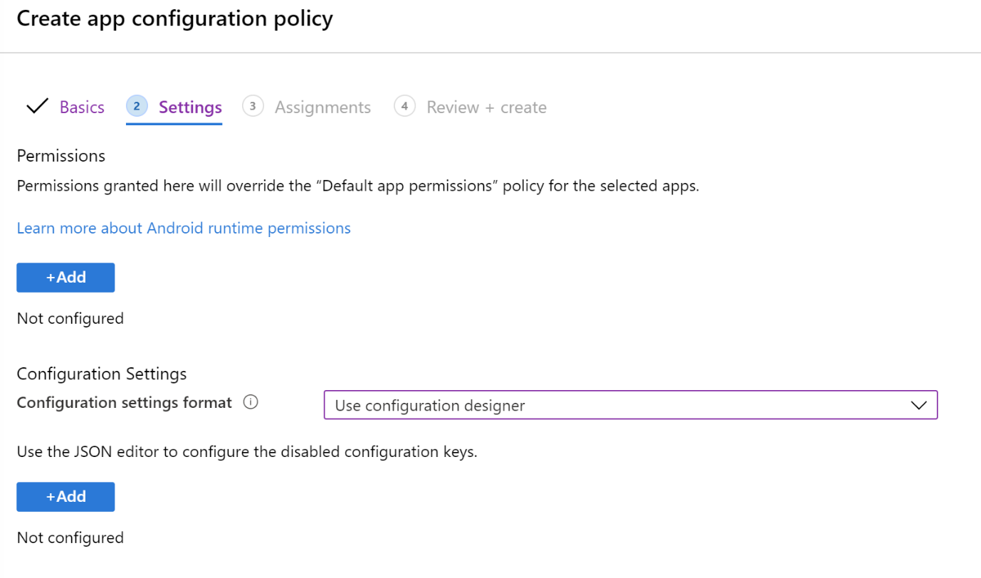 구성 Designer 사용하여 Microsoft Intune 앱 구성 VPN 정책을 만듭니다( 예: ).