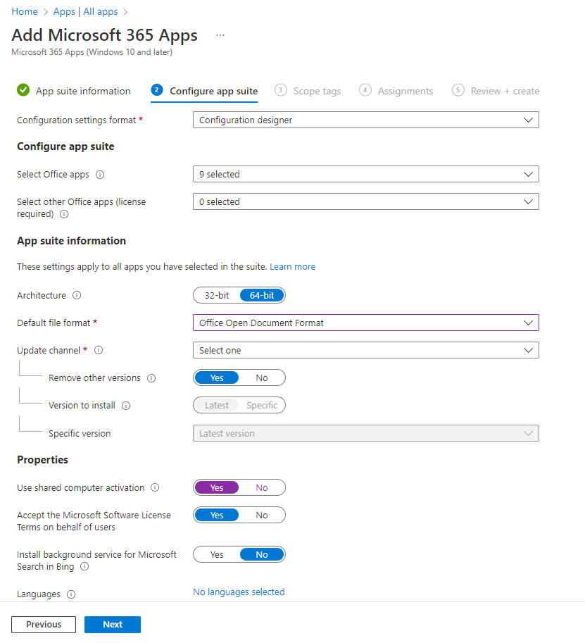 스크린샷: Microsoft 365 앱 추가 - 구성 디자이너.