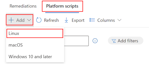 드롭다운 목록에서 디바이스, 스크립트, 추가, Linux를 선택하여 Microsoft Intune 사용자 지정 Bash 스크립트를 추가하는 방법을 보여 주는 스크린샷