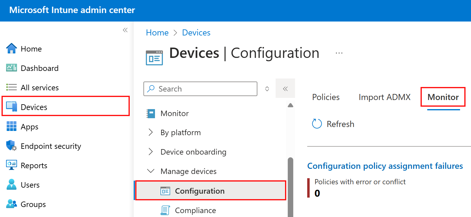 Microsoft Intune 및 Intune 관리 센터의 디바이스 구성 프로필에서 모니터링 탭을 선택하는 방법을 보여 주는 스크린샷