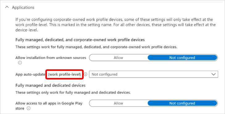 Microsoft Intune 회사 소유 회사 프로필 수준에서 적용되는 Android Enterprise 애플리케이션 설정을 보여 주는 스크린샷