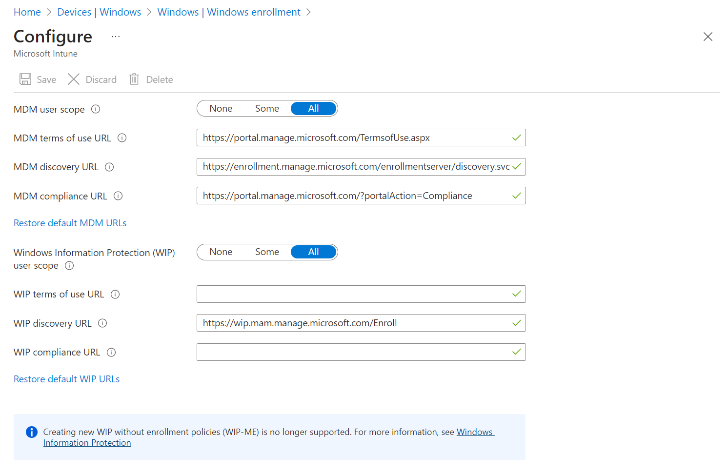 스크린샷은 MDM 사용자 scope Microsoft Entra 보여줍니다.