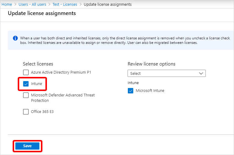 Microsoft 365 관리 센터 제품 라이선스 섹션의 스크린샷입니다.