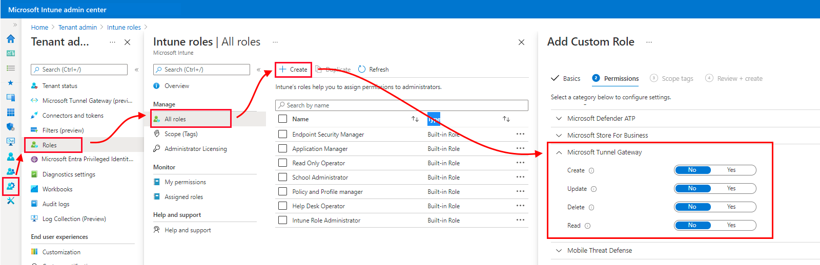 Microsoft Intune 관리 센터의 터널 게이트웨이 권한 스크린샷